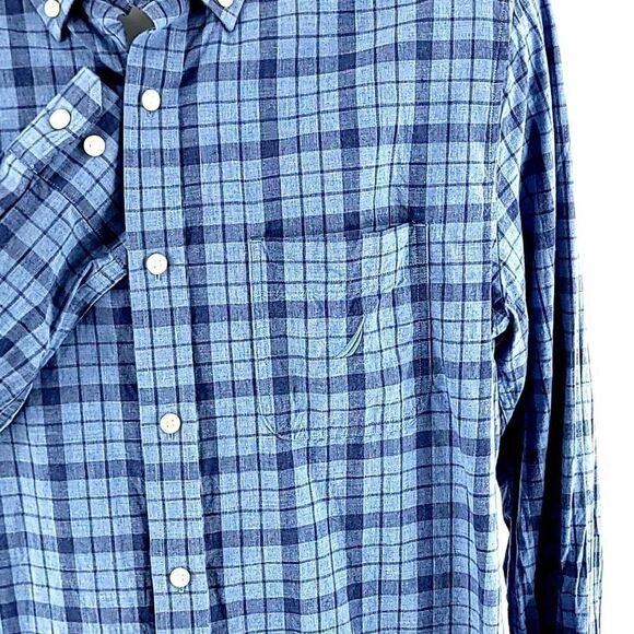 Nautica Classic Fit Medium Blue Plaid Pocket Front Cotton Button Down - Picture 2 of 12